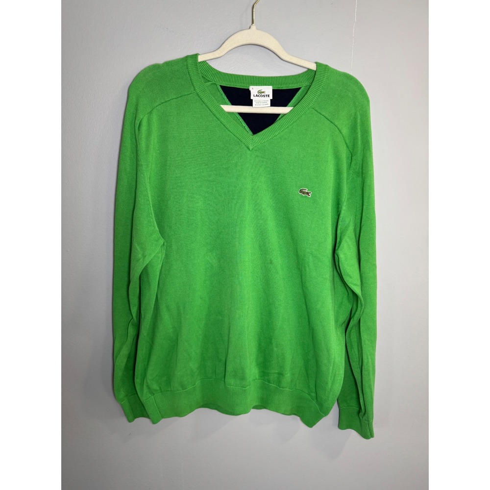Lacoste Mens Green V‎ Neck Long Sleeve Cotton Sweater Size 6